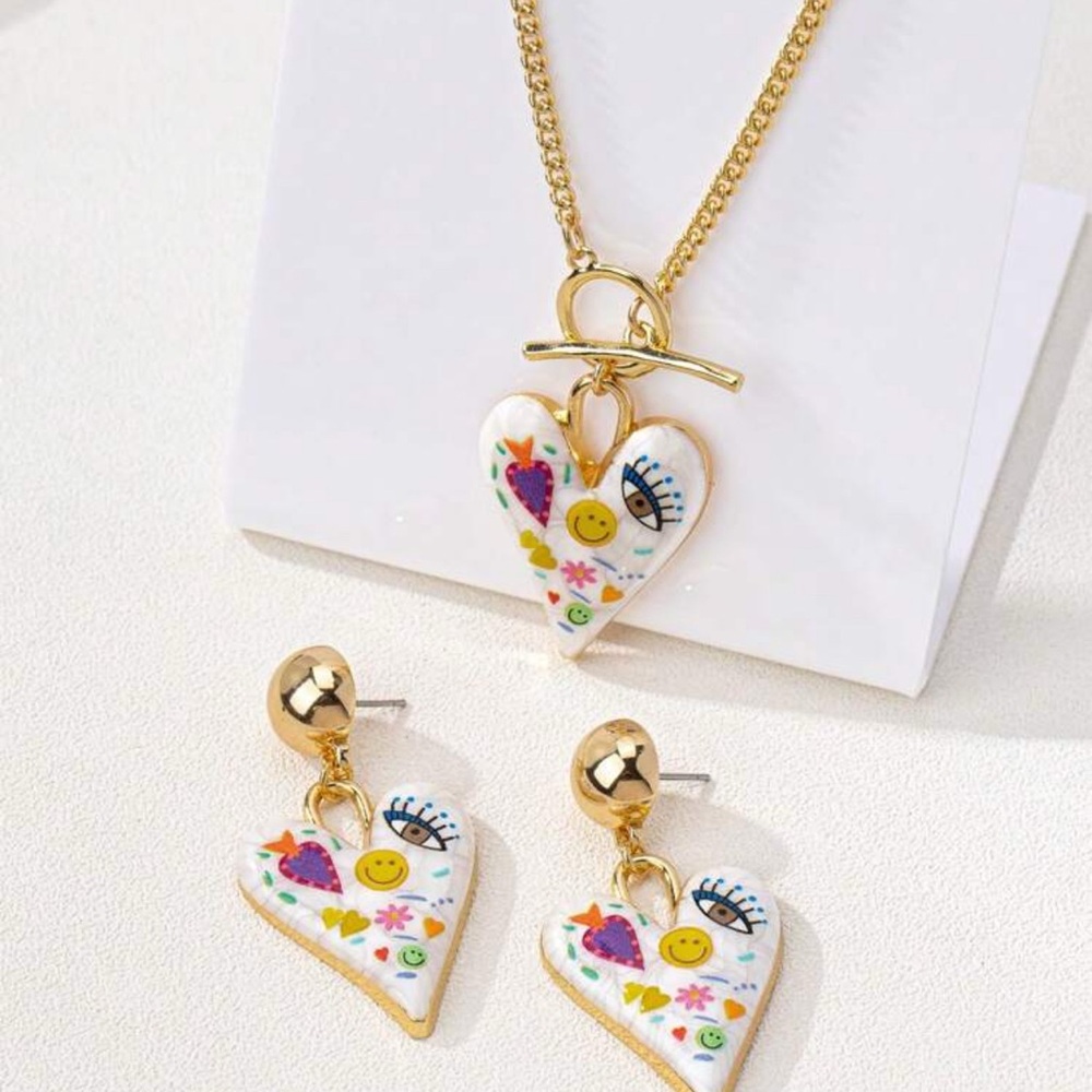 Gold Heart Pendant and Earrings Set